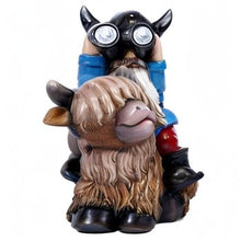 Load image into Gallery viewer, Joint Honglin Viking Gnome Riding Highland Cow – Solar Telescope Outdoor Yard Statue