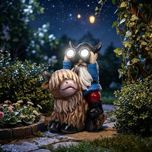 Load image into Gallery viewer, Joint Honglin Viking Gnome Riding Highland Cow – Solar Telescope Outdoor Yard Statue
