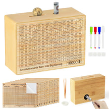 Load image into Gallery viewer, Wooden Money Saving Box with Challenge Stickers - Reusable Cash Vault