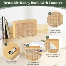 Load image into Gallery viewer, Wooden Money Saving Box with Challenge Stickers - Reusable Cash Vault