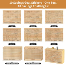Load image into Gallery viewer, Wooden Money Saving Box with Challenge Stickers - Reusable Cash Vault