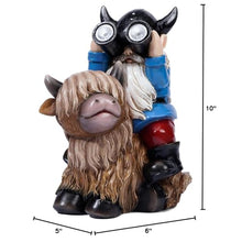 Load image into Gallery viewer, Joint Honglin Viking Gnome Riding Highland Cow – Solar Telescope Outdoor Yard Statue
