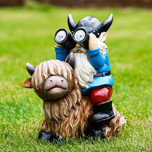 Load image into Gallery viewer, Joint Honglin Viking Gnome Riding Highland Cow – Solar Telescope Outdoor Yard Statue
