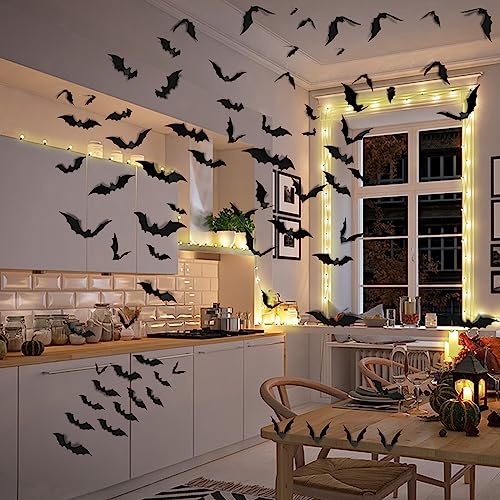 3D black bat wall stickers flying across a white wall