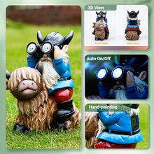 Load image into Gallery viewer, Joint Honglin Viking Gnome Riding Highland Cow – Solar Telescope Outdoor Yard Statue
