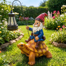 Load image into Gallery viewer, Turtle-Riding Gnome Statue – Whimsical Garden Sculpture with Solar Lantern
