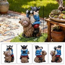 Load image into Gallery viewer, Joint Honglin Viking Gnome Riding Highland Cow – Solar Telescope Outdoor Yard Statue
