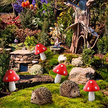 Load image into Gallery viewer, Queekay 6-Piece Hedgehog &amp; Red Mushroom Set – Resin &amp; Wood Fairy Garden Miniatures
