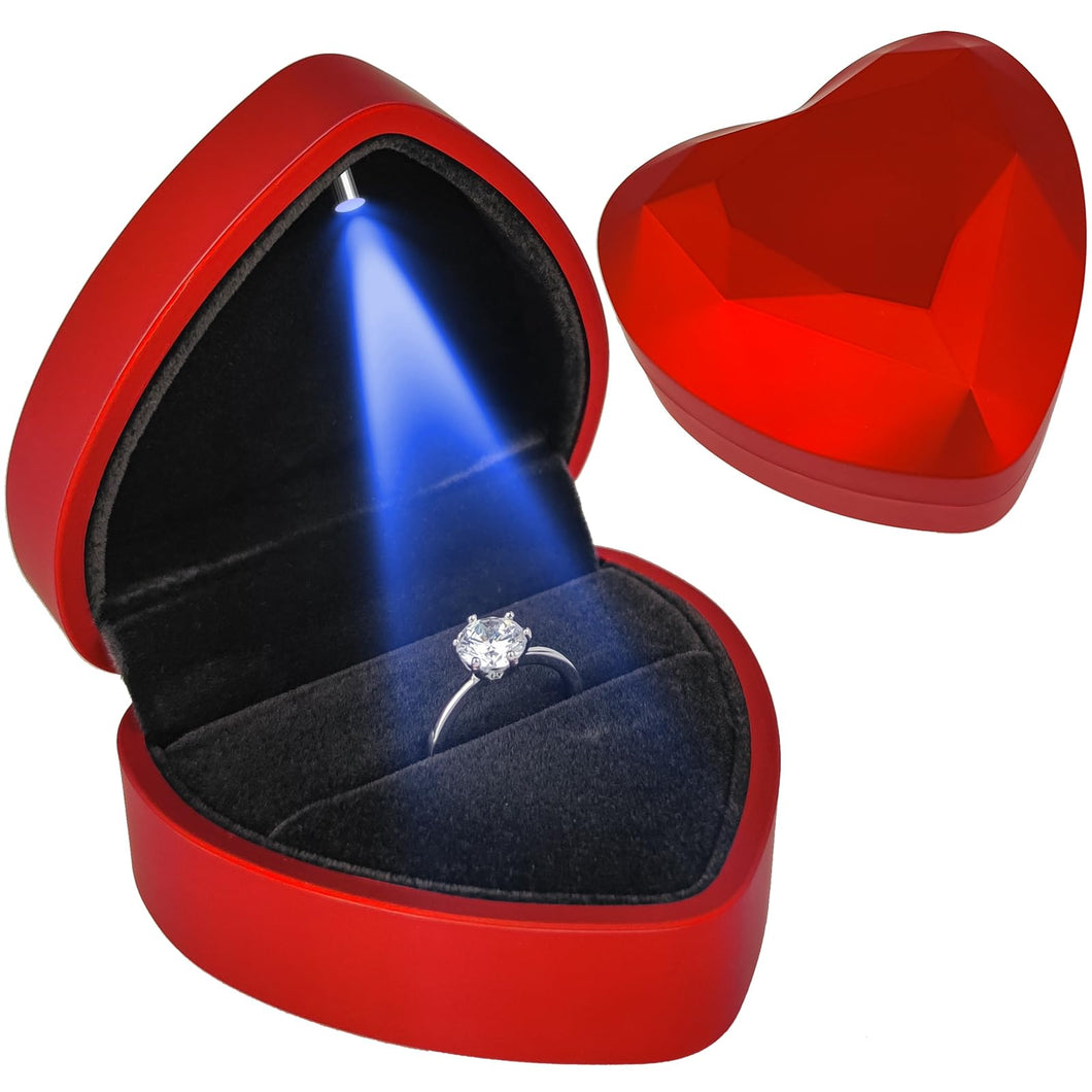 Heart Ring Box with LED Light – Velvet, Red