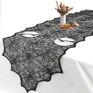 Black Lace Spider Web Table Runner (18 x 72 Inches) - Halloween Table Decor