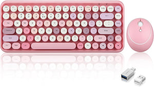 Wireless Mini Keyboard & Mouse – Retro Round Keys (Pink)