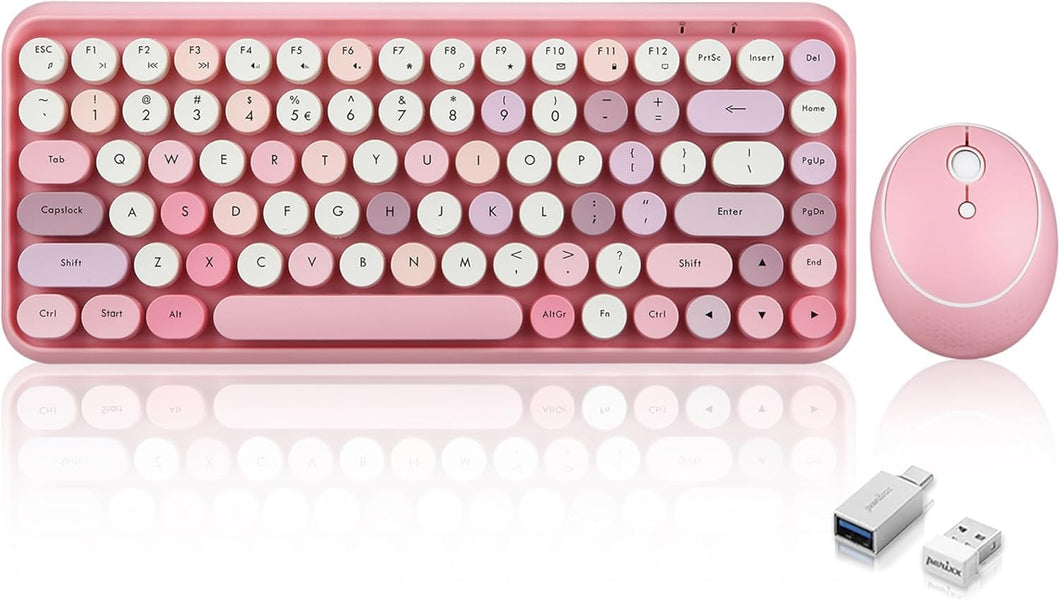 Wireless Mini Keyboard & Mouse – Retro Round Keys (Pink)