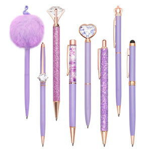 Set of 8 Purple Crystal Ballpoint Pens - Stylish Writing Gifts for Women