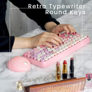 Wireless Mini Keyboard & Mouse – Retro Round Keys (Pink)