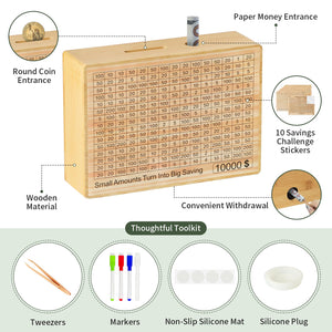 Wooden Money Saving Box with Challenge Stickers - Reusable Cash Vault