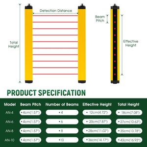 Safety Light Curtain Sensor – 40 mm Pitch, 8 Beams