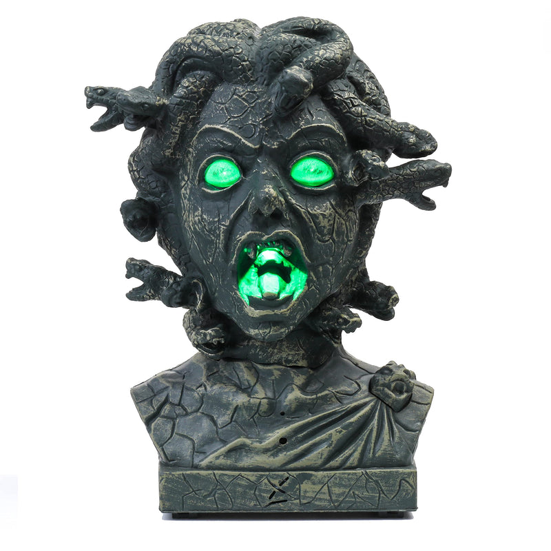 Animated Medusa bust with glowing green eyes and serpent crown