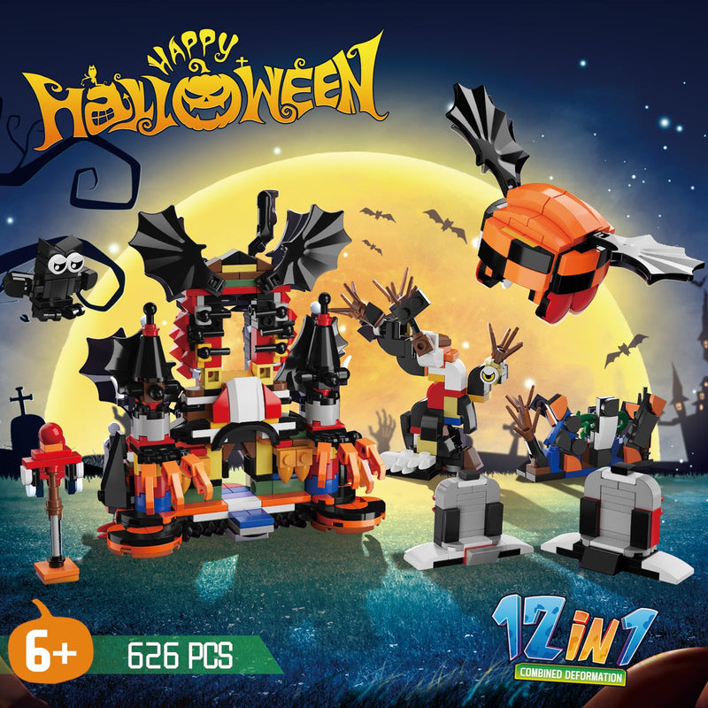 12-in-1 Halloween building blocks set arranged into spooky mini figures