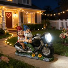 Load image into Gallery viewer, Solar Biker Gnome – Motorcycle Couple Garden Statue
