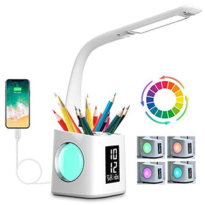 Study Desk Lamp with USB Charging Port, Calendar, & Dimmable Night Light