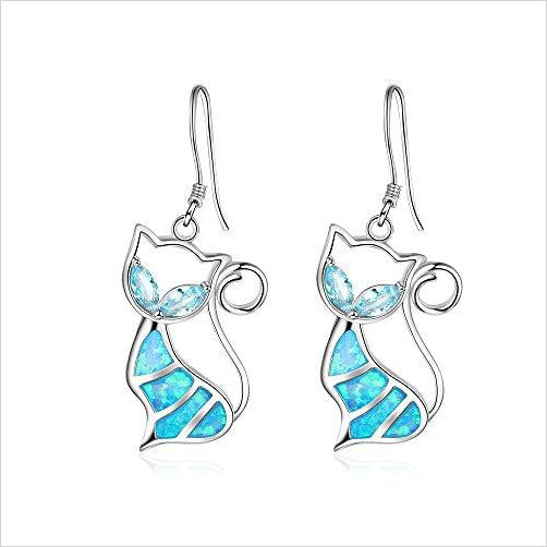 Sterling Silver Blue Opal and Cubic Zirconia Cat Earrings - Gifteee Unique & Unusual gifts, Cool gift ideas