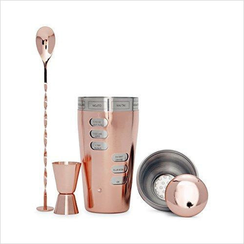 Learn-As-You-Turn Copper Cocktail Shaker Set with Smart Laser Etched Recipe Mechanism - Gifteee Unique & Unusual gifts, Cool gift ideas