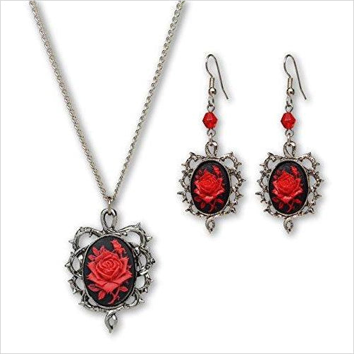 Red Rose Cameo Surrounded by Thorns Pendant Necklace Dangle Earrings Jewelry Set - Gifteee Unique & Unusual gifts, Cool gift ideas