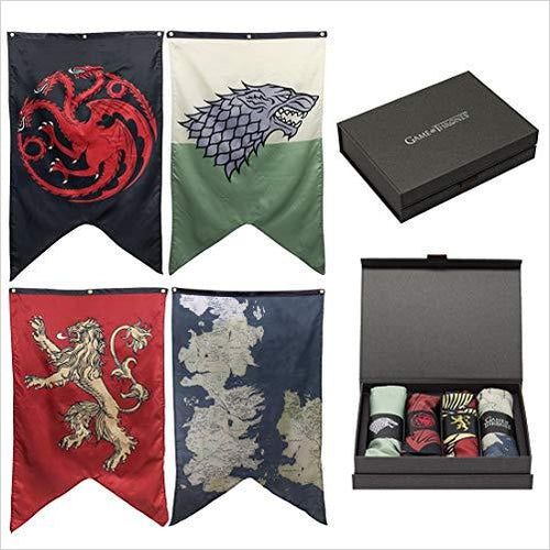 Game of Thrones House Sigils & Westeros Map Wall Banner Gift Set - Set of 4 - Gifteee. Find cool & unique gifts for men, women and kids