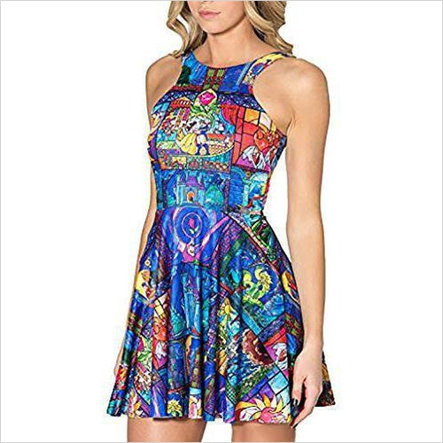 Cartoon Printed Stretchy Sleeveless Pleated Fit and Flare Skater Dress - Gifteee Unique & Unusual gifts, Cool gift ideas