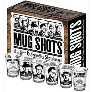 Mug Shots - 6 Piece Shot Glass Set of Famous Gangster Mugshots - Gifteee. Find cool & unique gifts for men, women and kids