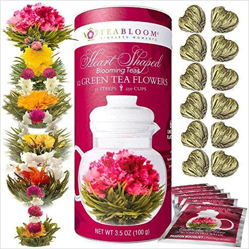 Teabloom Heart Shaped Flowering Tea – 12 Assorted Blooming Tea Flowers – Green Tea + Jasmine, Pomegranate, Strawberry, Rose, Litchi & Peach – Gift For Tea Lover's Anniversary, Valentine, Birthday - Gifteee. Find cool & unique gifts for men, women and kids