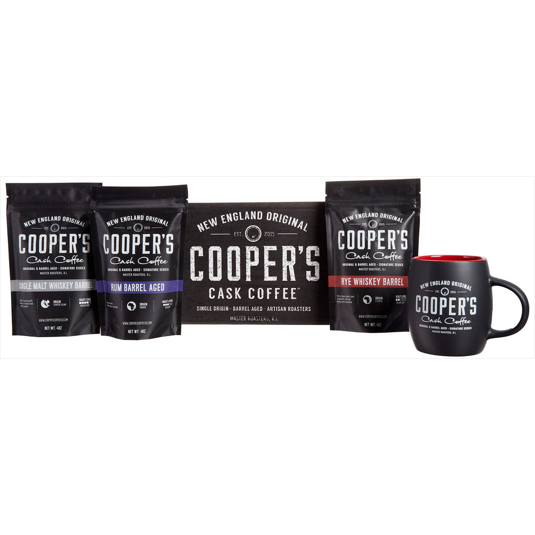 Whiskey & Rum Barrel Aged Coffee Ground & Mug Box Set - Gifteee Unique & Unusual gifts, Cool gift ideas