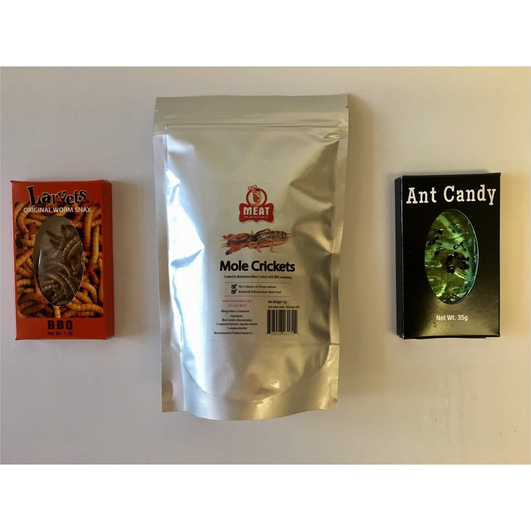 Edible Insects | Sampler Gift Pack | Mexican Spice Larvets, BBQ Mole Crickets & Apple Ant Candy - Gifteee Unique & Unusual gifts, Cool gift ideas