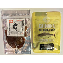 Load image into Gallery viewer, Gourmet Fish Jerky Combo Pack - Meat Maniac Lemon Pepper Swordfish Jerky and Lemon Salt Hawaiin Ahi Tuna Jerky - Gifteee Unique &amp; Unusual gifts, Cool gift ideas
