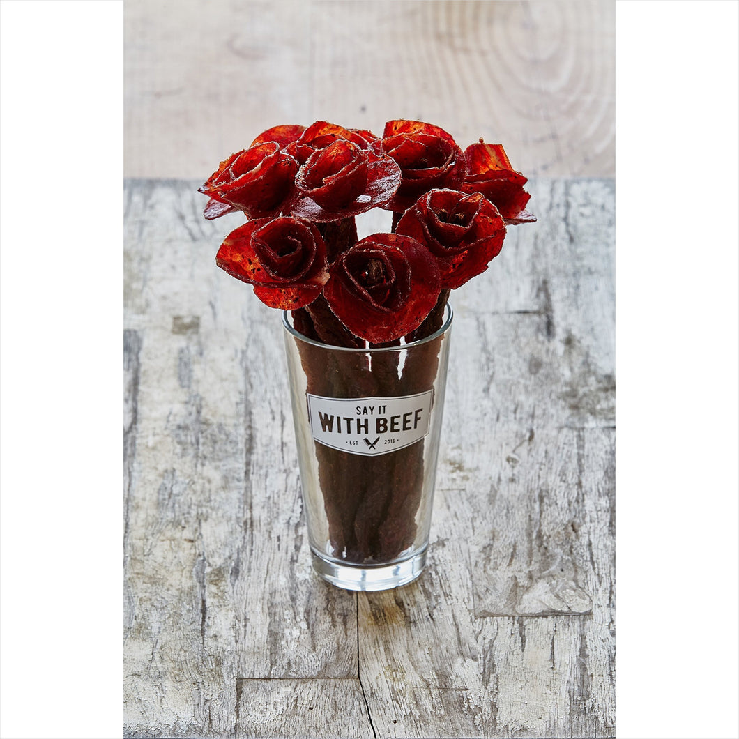 Beef Jerky Rose Broquet with Pint Glass - Gifteee Unique & Unusual gifts, Cool gift ideas